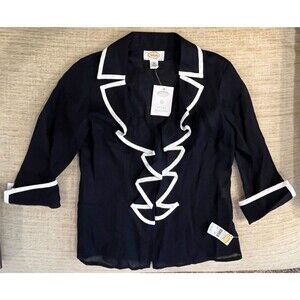 Talbots Linen Ruffle Front Top Blouse Navy Blue White Trim Size 2 P NEW NWT